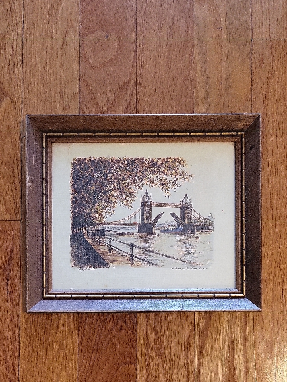 Framed London Bridge Print in Brown and Cream, Wall Decor.
